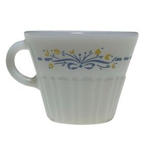 TERMOCRISA Yellow FLOWERS Blue Ribbon Milk Glass COFFE/TEA CUP/MUG - 1960's